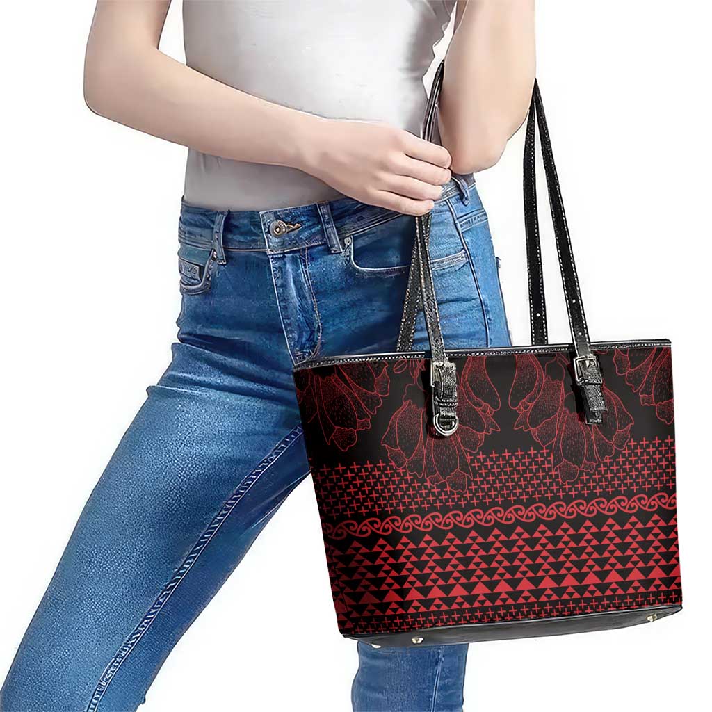 Red Taniko Kowhaiwhai Tukutuku Motif Leather Tote Bag LT9 - Polynesian Pride