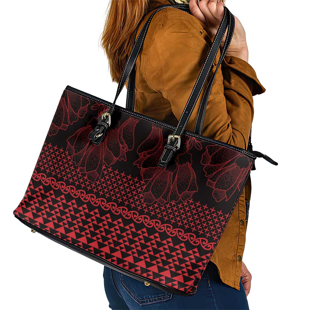 Red Taniko Kowhaiwhai Tukutuku Motif Leather Tote Bag LT9 - Polynesian Pride