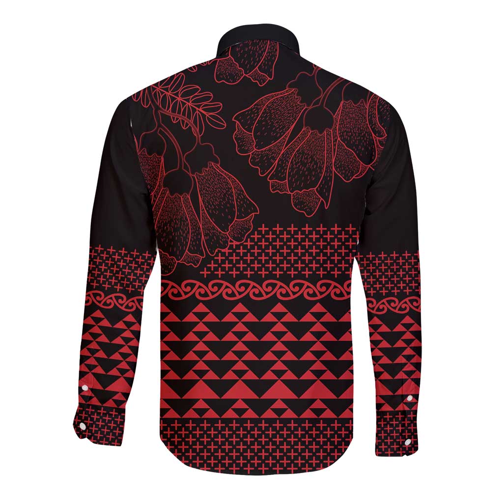 Red Taniko Kowhaiwhai Tukutuku Motif Long Sleeve Button Shirt