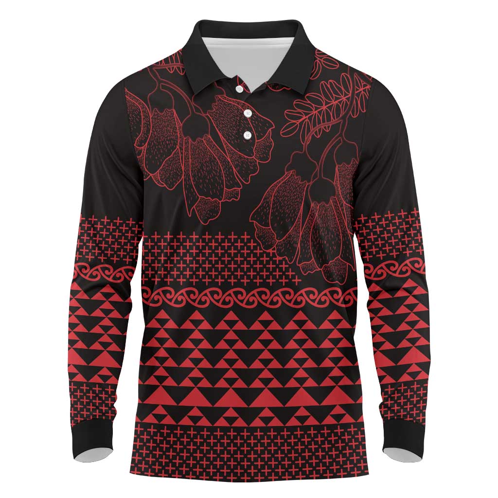 Red Taniko Kowhaiwhai Tukutuku Motif Long Sleeve Polo Shirt