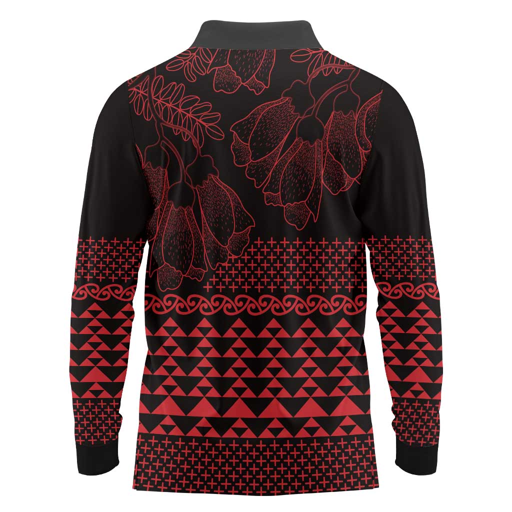 Red Taniko Kowhaiwhai Tukutuku Motif Long Sleeve Polo Shirt