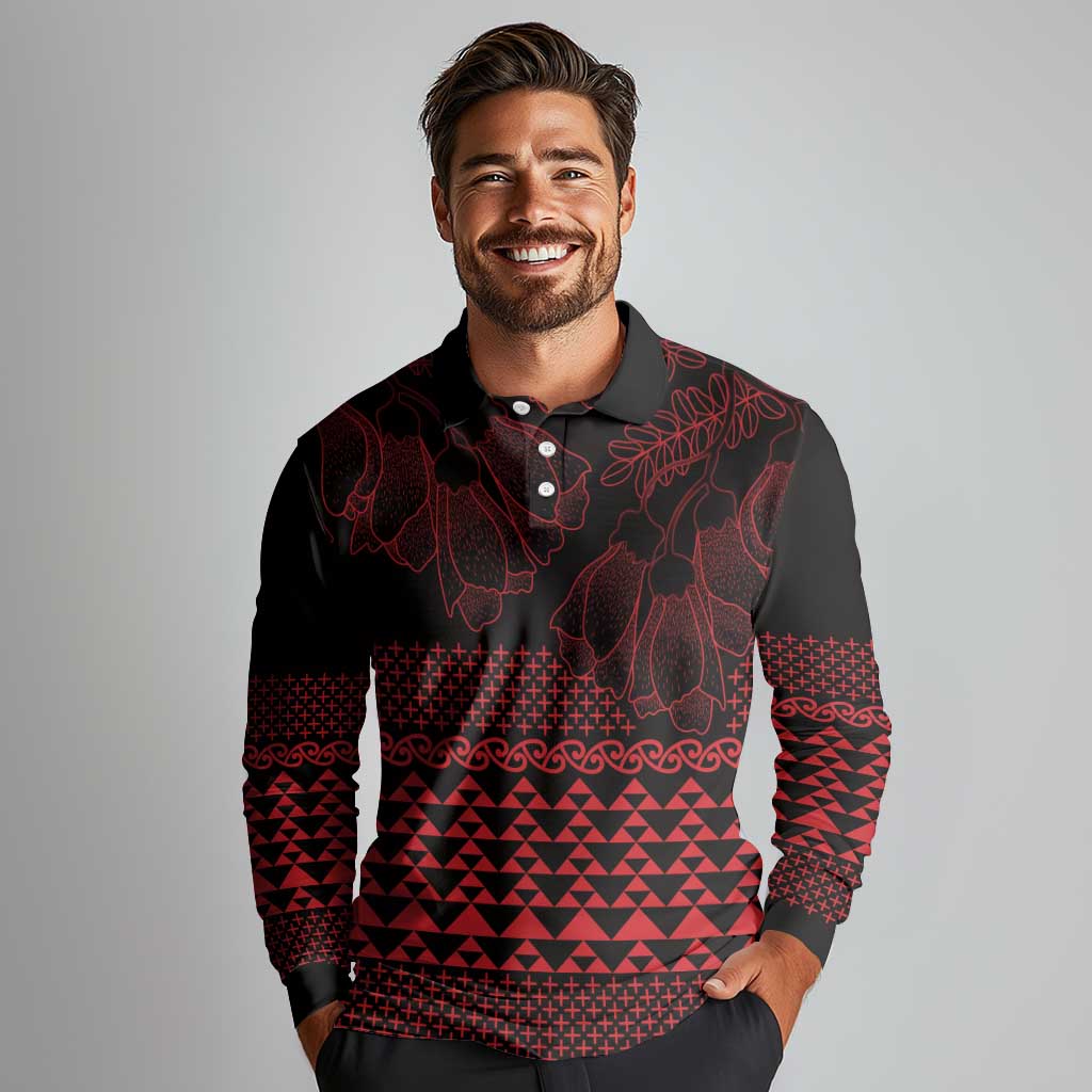 Red Taniko Kowhaiwhai Tukutuku Motif Long Sleeve Polo Shirt