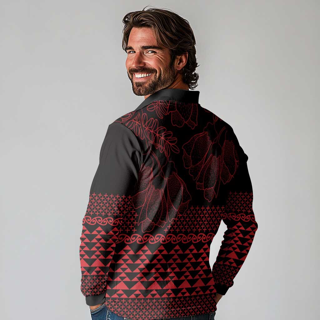 Red Taniko Kowhaiwhai Tukutuku Motif Long Sleeve Polo Shirt