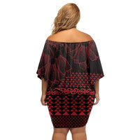 Red Taniko Kowhaiwhai Tukutuku Motif Off Shoulder Short Dress LT9 - Polynesian Pride