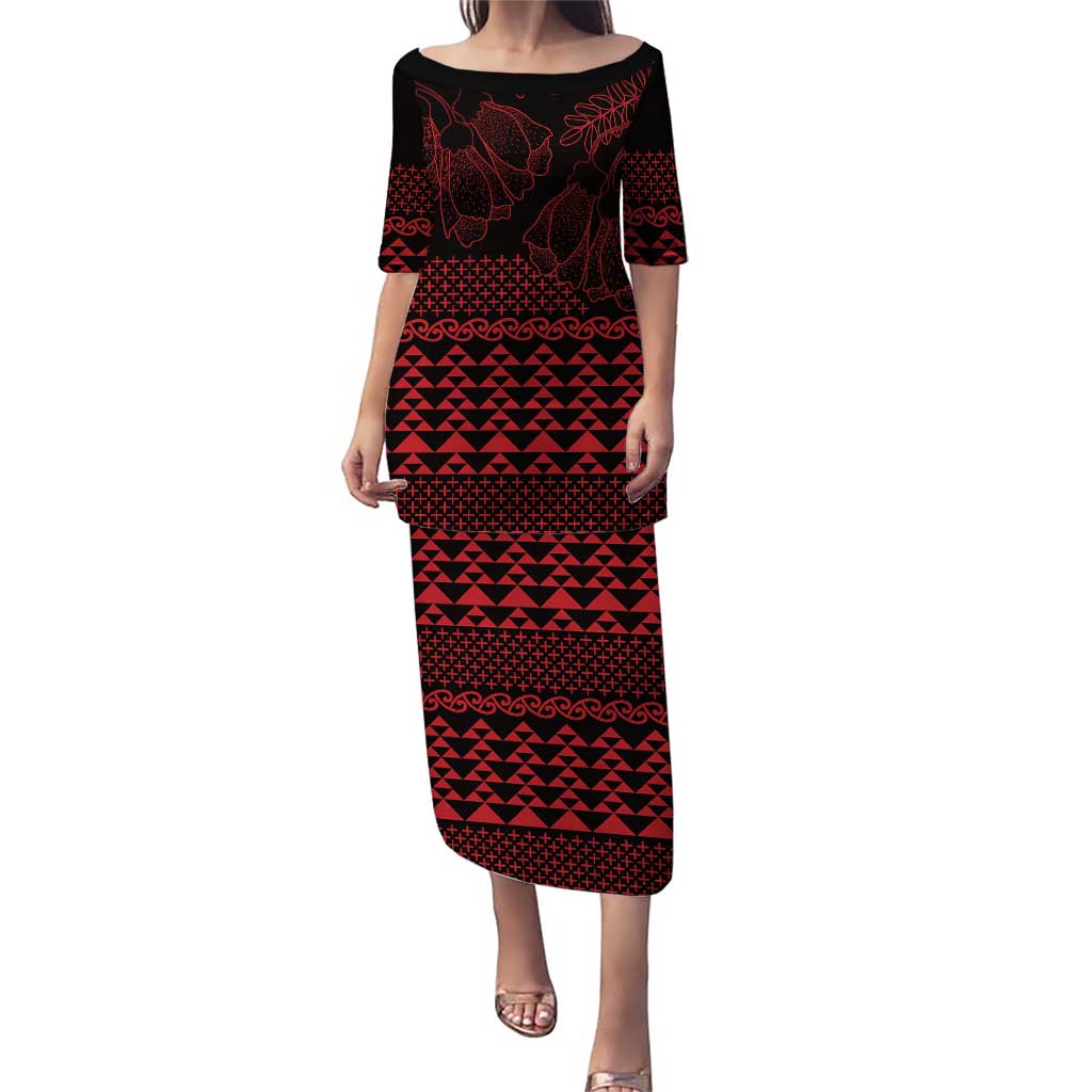 Red Taniko Kowhaiwhai Tukutuku Motif Puletasi LT9 Long Dress Red - Polynesian Pride
