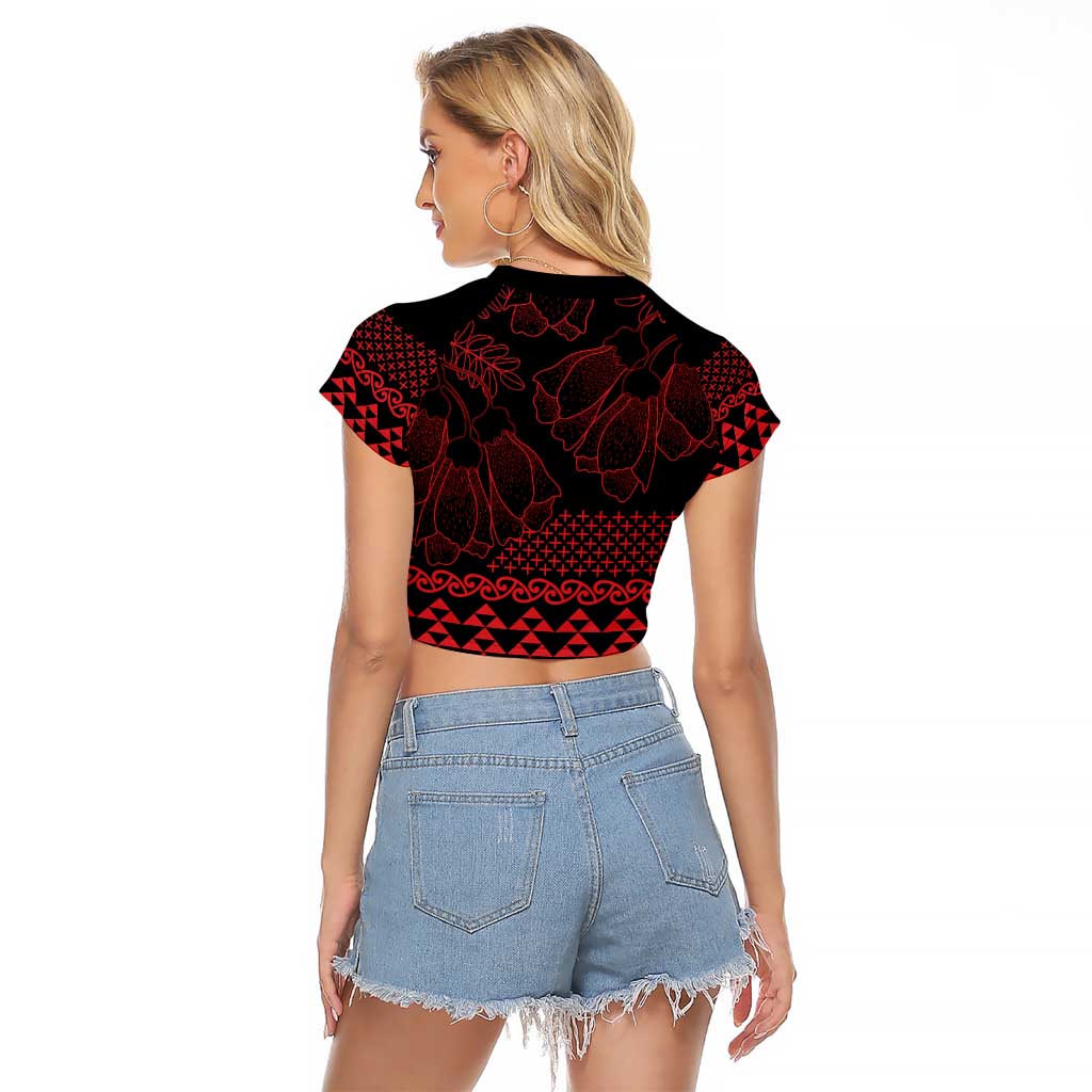 Red Taniko Kowhaiwhai Tukutuku Motif Raglan Cropped T Shirt