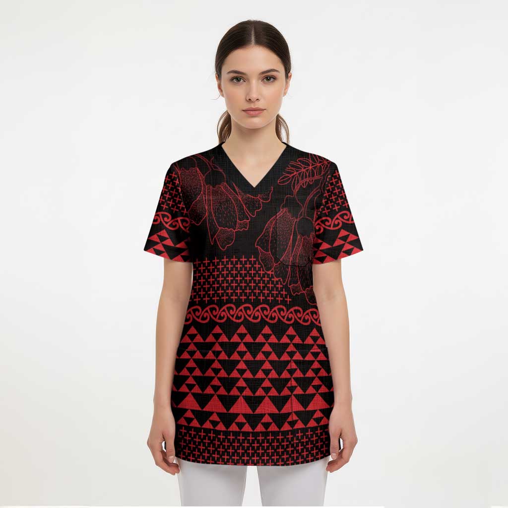 Red Taniko Kowhaiwhai Tukutuku Motif Scrub Top - Polynesian Pride