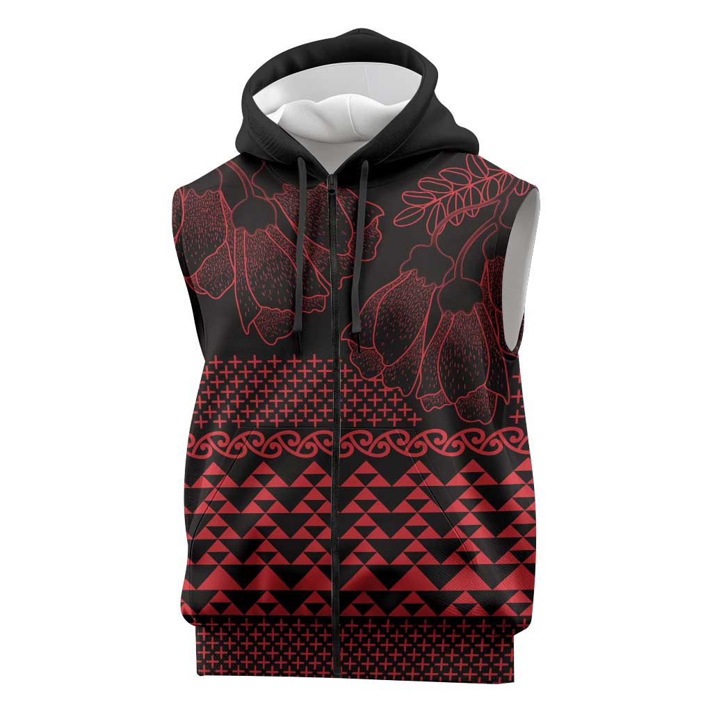Red Taniko Kowhaiwhai Tukutuku Motif Sleeveless Zip Hoodie LT9 Red - Polynesian Pride