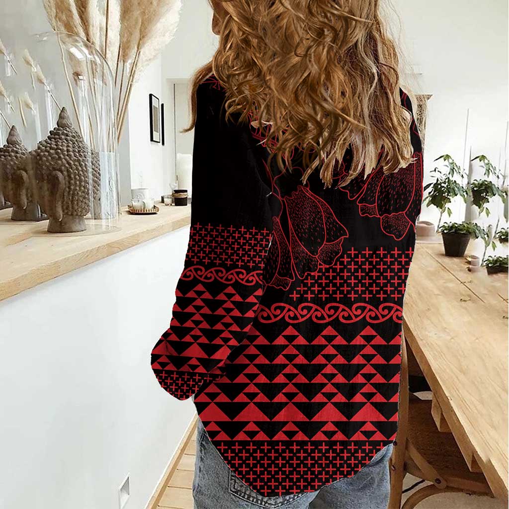 Red Taniko Kowhaiwhai Tukutuku Motif Women Casual Shirt