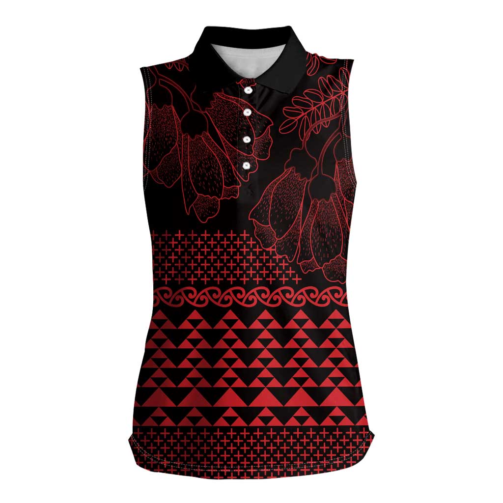 Red Taniko Kowhaiwhai Tukutuku Motif Women Sleeveless Polo Shirt