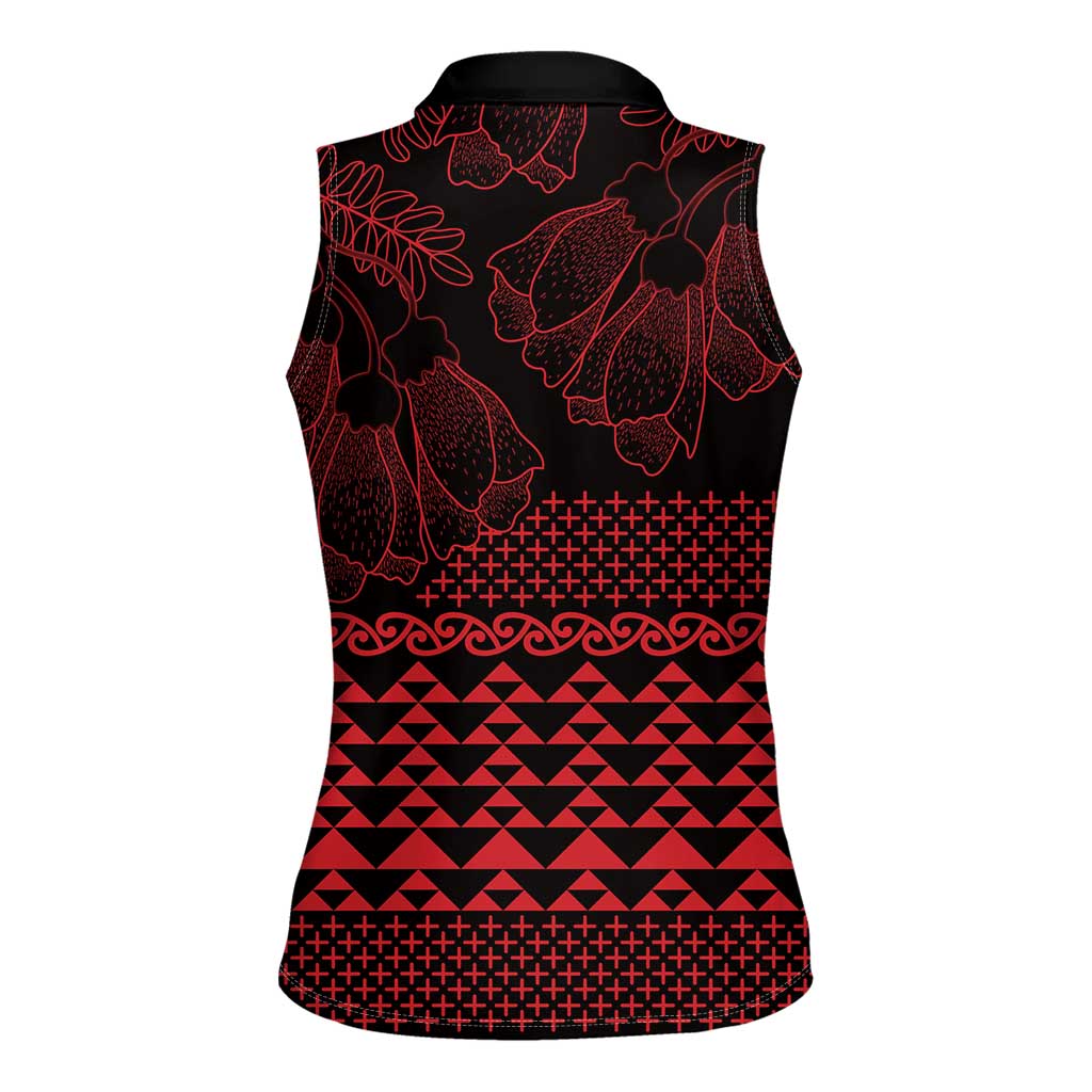 Red Taniko Kowhaiwhai Tukutuku Motif Women Sleeveless Polo Shirt