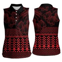 Red Taniko Kowhaiwhai Tukutuku Motif Women Sleeveless Polo Shirt