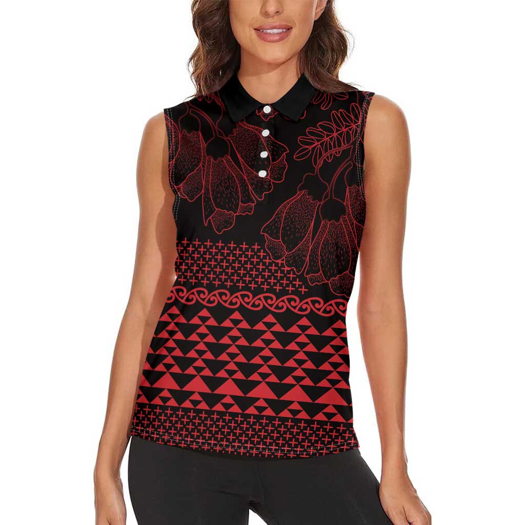Red Taniko Kowhaiwhai Tukutuku Motif Women Sleeveless Polo Shirt