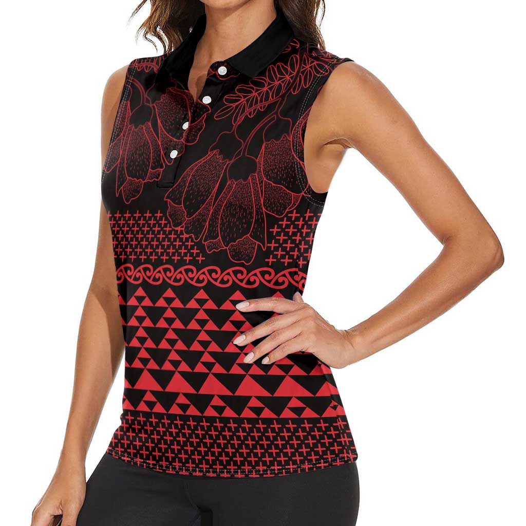 Red Taniko Kowhaiwhai Tukutuku Motif Women Sleeveless Polo Shirt
