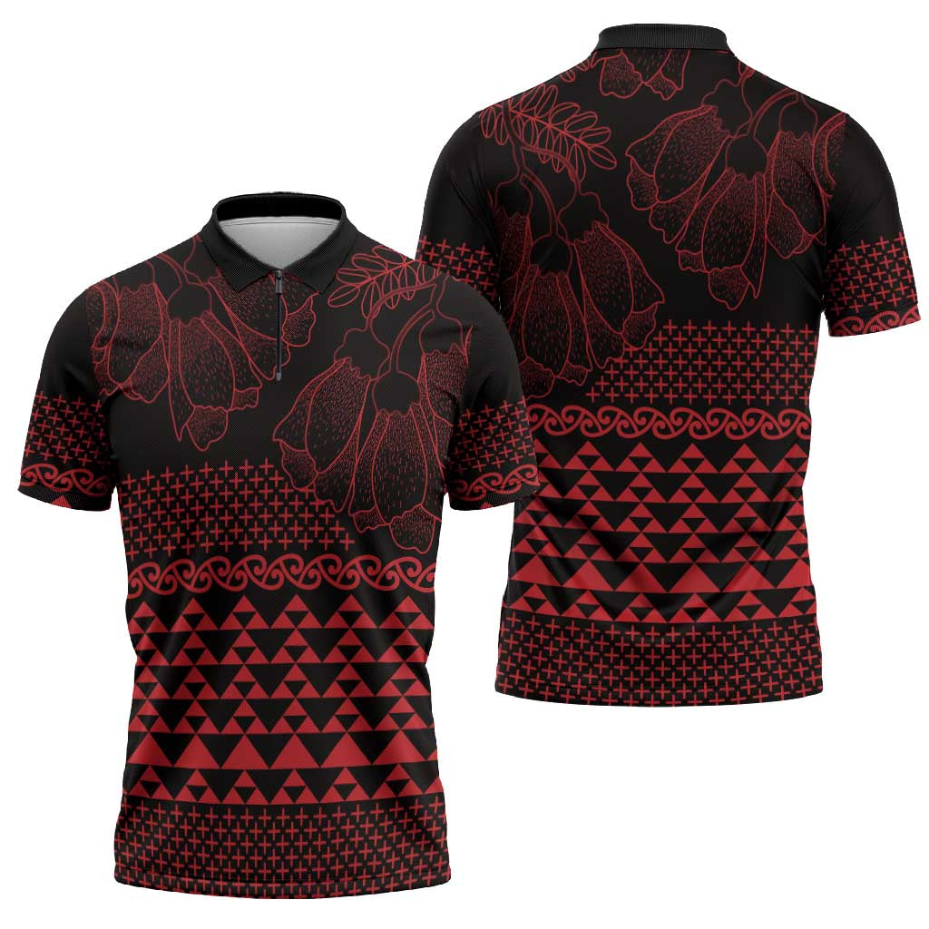 Red Taniko Kowhaiwhai Tukutuku Motif Zipper Polo Shirt - Polynesian Pride