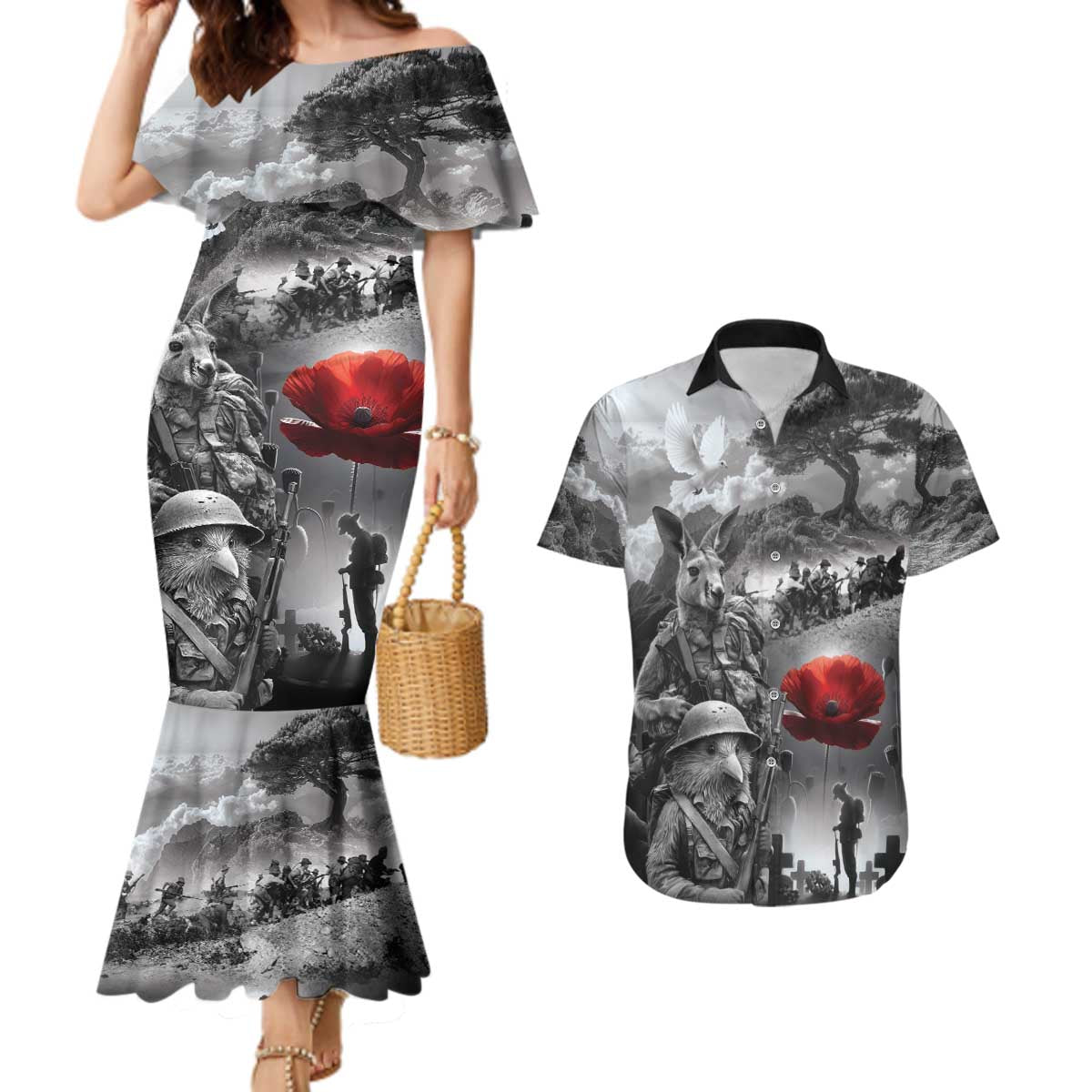 Black ANZAC Day The Battle of Lone Pine Couples Matching Mermaid Dress and Hawaiian Shirt Kiwi-Kangaroo Soldier Lest We Forget LT9 Black - Polynesian Pride