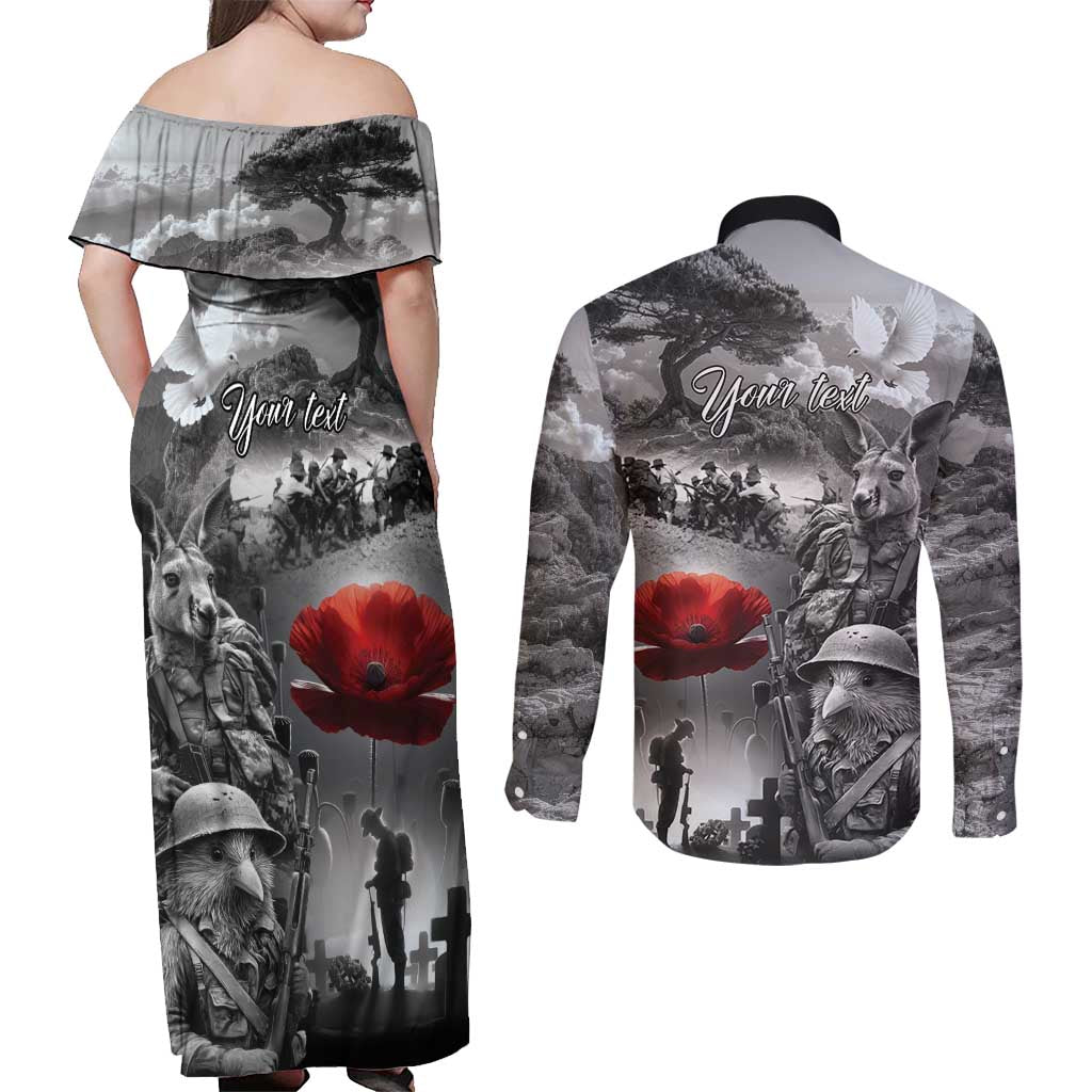Black ANZAC Day The Battle of Lone Pine Couples Matching Off Shoulder Maxi Dress and Long Sleeve Button Shirt Kiwi-Kangaroo Soldier Lest We Forget LT9 - Polynesian Pride