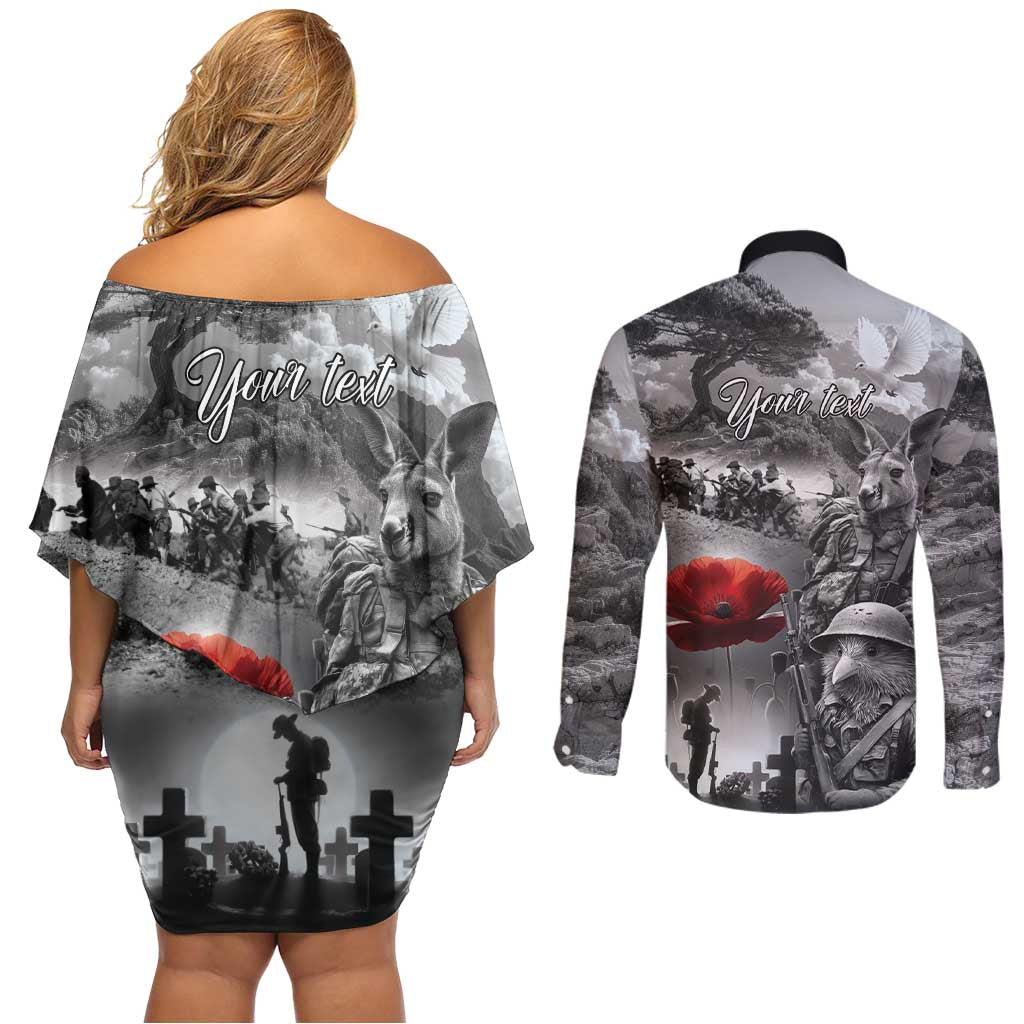 Black ANZAC Day The Battle of Lone Pine Couples Matching Off Shoulder Short Dress and Long Sleeve Button Shirt Kiwi-Kangaroo Soldier Lest We Forget LT9 - Polynesian Pride