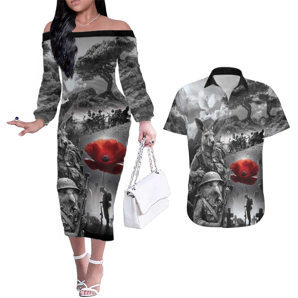 Black ANZAC Day The Battle of Lone Pine Couples Matching Off The Shoulder Long Sleeve Dress and Hawaiian Shirt Kiwi-Kangaroo Soldier Lest We Forget