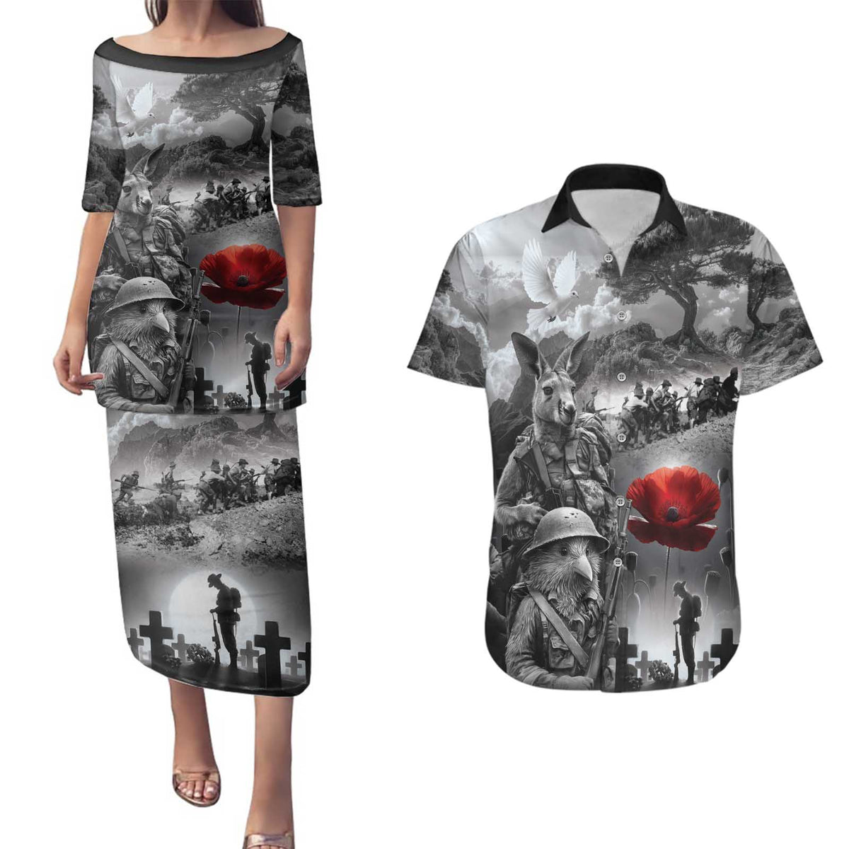 Black ANZAC Day The Battle of Lone Pine Couples Matching Puletasi and Hawaiian Shirt Kiwi-Kangaroo Soldier Lest We Forget