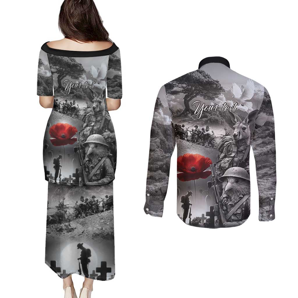 Black ANZAC Day The Battle of Lone Pine Couples Matching Puletasi and Long Sleeve Button Shirt Kiwi-Kangaroo Soldier Lest We Forget