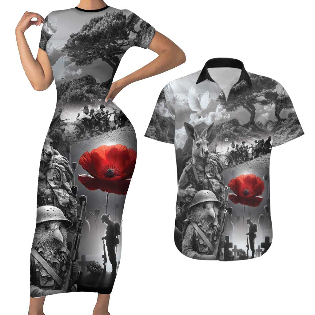 Black ANZAC Day The Battle of Lone Pine Couples Matching Short Sleeve Bodycon Dress and Hawaiian Shirt Kiwi-Kangaroo Soldier Lest We Forget LT9 Black - Polynesian Pride