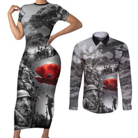 Black ANZAC Day The Battle of Lone Pine Couples Matching Short Sleeve Bodycon Dress and Long Sleeve Button Shirt Kiwi-Kangaroo Soldier Lest We Forget LT9 Black - Polynesian Pride