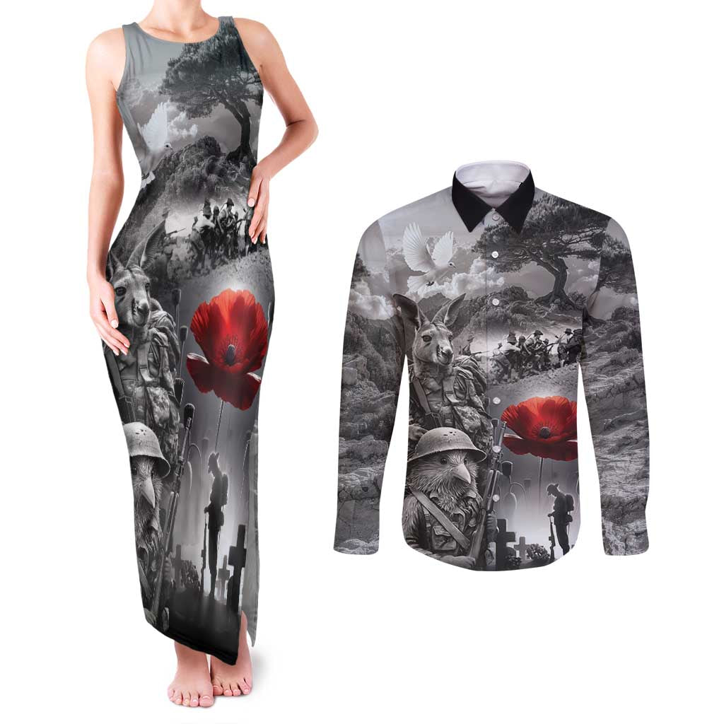 Black ANZAC Day The Battle of Lone Pine Couples Matching Tank Maxi Dress and Long Sleeve Button Shirt Kiwi-Kangaroo Soldier Lest We Forget LT9 Black - Polynesian Pride
