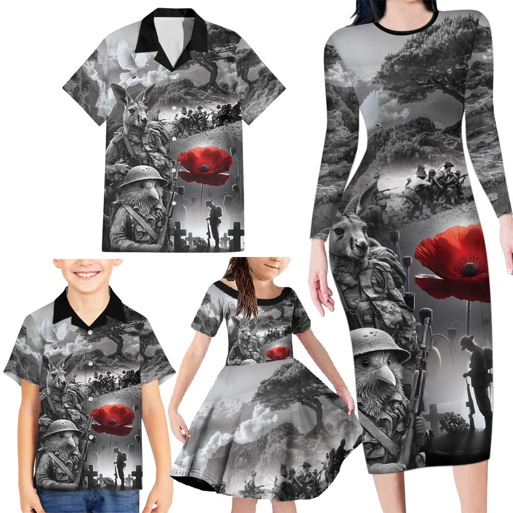 Black ANZAC Day The Battle of Lone Pine Family Matching Long Sleeve Bodycon Dress and Hawaiian Shirt Kiwi-Kangaroo Soldier Lest We Forget LT9 - Polynesian Pride