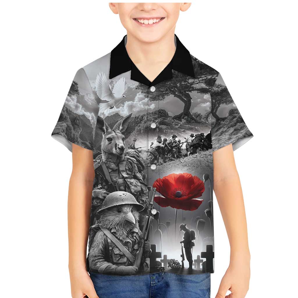Black ANZAC Day The Battle of Lone Pine Family Matching Mermaid Dress and Hawaiian Shirt Kiwi-Kangaroo Soldier Lest We Forget LT9 Son's Shirt Black - Polynesian Pride