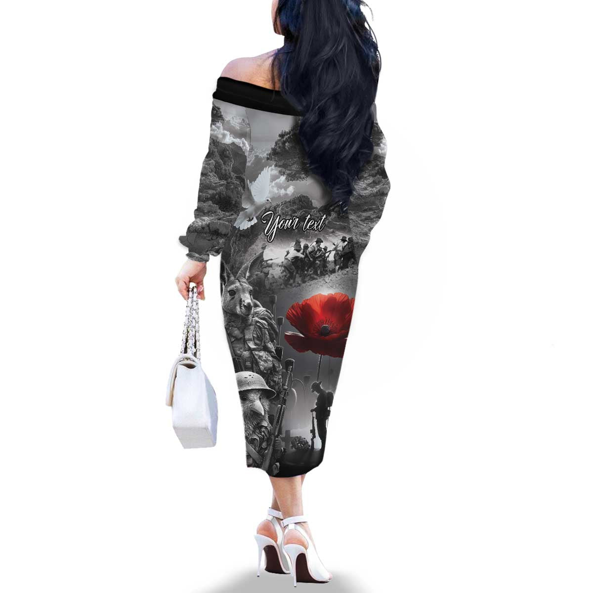 Black ANZAC Day The Battle of Lone Pine Family Matching Off The Shoulder Long Sleeve Dress and Hawaiian Shirt Kiwi-Kangaroo Soldier Lest We Forget LT9 - Polynesian Pride