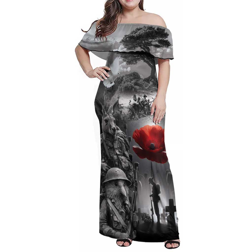 Black ANZAC Day The Battle of Lone Pine Family Matching Off Shoulder Maxi Dress and Hawaiian Shirt Kiwi-Kangaroo Soldier Lest We Forget LT9 Mom's Dress Black - Polynesian Pride
