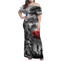 Black ANZAC Day The Battle of Lone Pine Family Matching Off Shoulder Maxi Dress and Hawaiian Shirt Kiwi-Kangaroo Soldier Lest We Forget LT9 Mom's Dress Black - Polynesian Pride