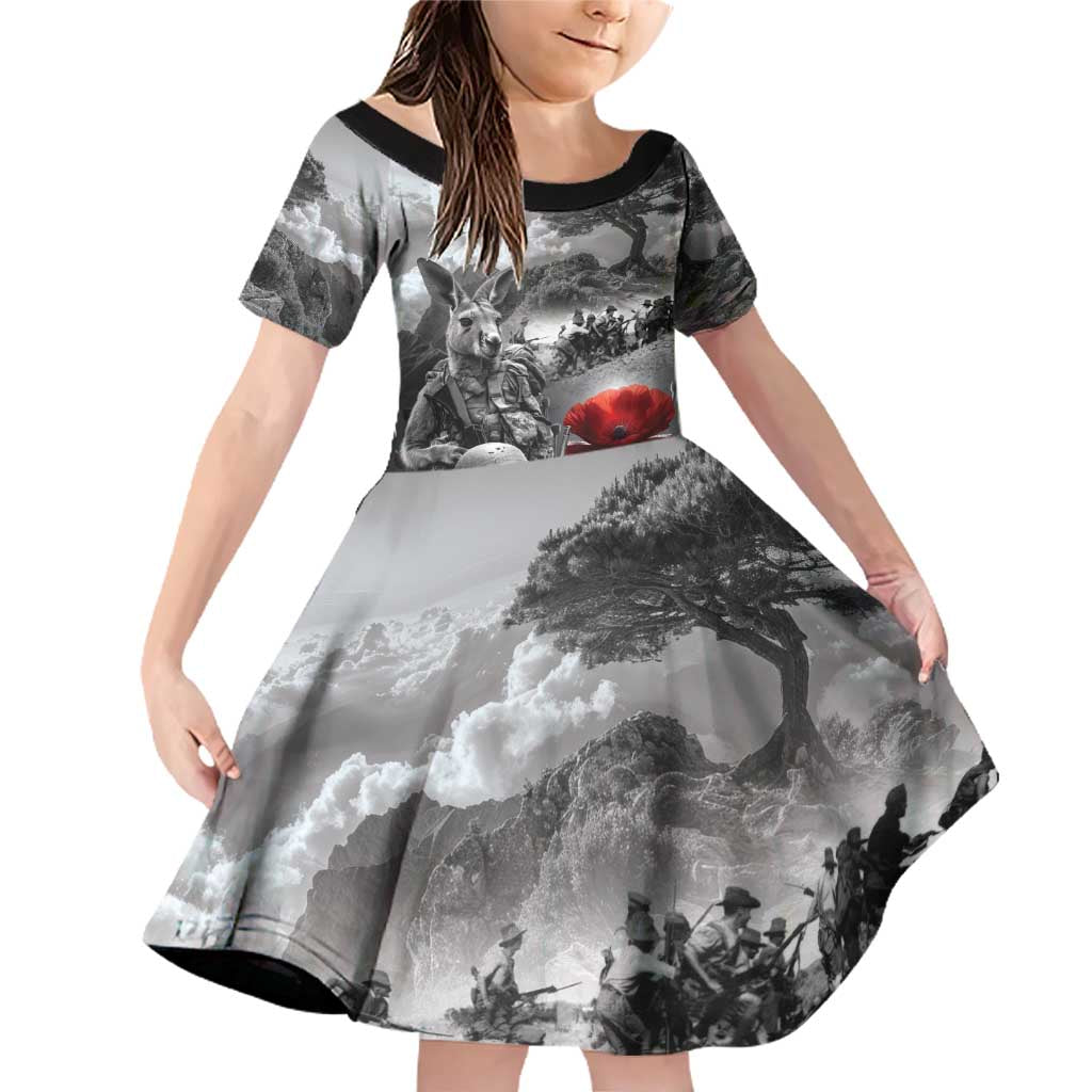 Black ANZAC Day The Battle of Lone Pine Family Matching Off Shoulder Short Dress and Hawaiian Shirt Kiwi-Kangaroo Soldier Lest We Forget LT9 Daughter's Dress Black - Polynesian Pride