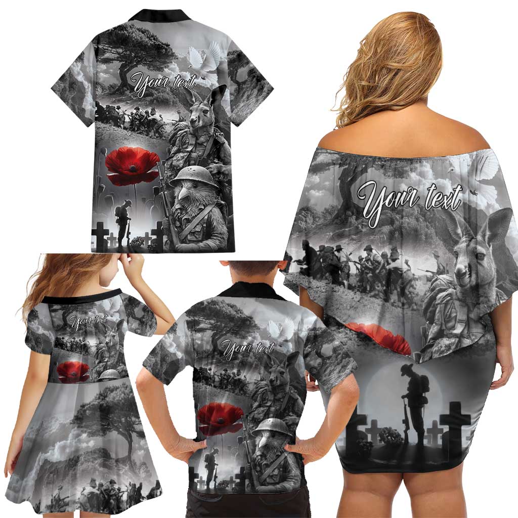 Black ANZAC Day The Battle of Lone Pine Family Matching Off Shoulder Short Dress and Hawaiian Shirt Kiwi-Kangaroo Soldier Lest We Forget LT9 - Polynesian Pride