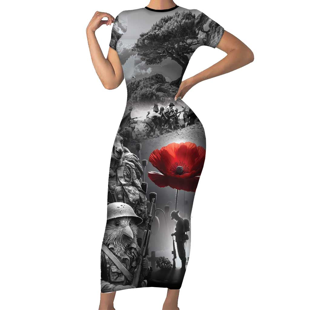 Black ANZAC Day The Battle of Lone Pine Family Matching Short Sleeve Bodycon Dress and Hawaiian Shirt Kiwi-Kangaroo Soldier Lest We Forget LT9 Mom's Dress Black - Polynesian Pride