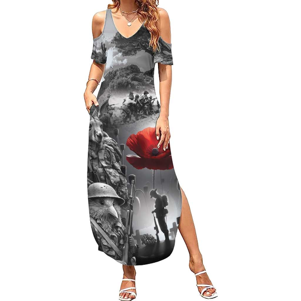 Black ANZAC Day The Battle of Lone Pine Family Matching Summer Maxi Dress and Hawaiian Shirt Kiwi-Kangaroo Soldier Lest We Forget LT9 Mom's Dress Black - Polynesian Pride