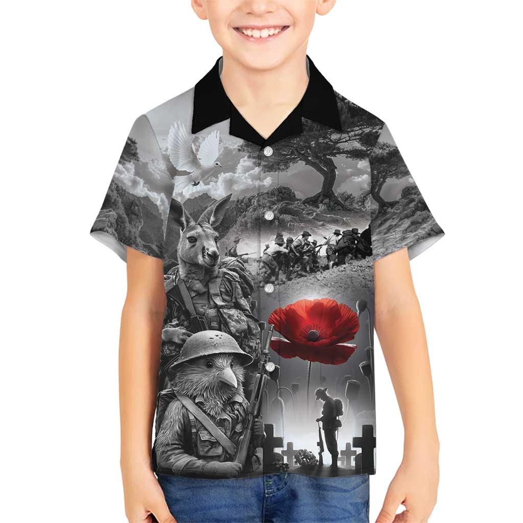 Black ANZAC Day The Battle of Lone Pine Family Matching Summer Maxi Dress and Hawaiian Shirt Kiwi-Kangaroo Soldier Lest We Forget LT9 Son's Shirt Black - Polynesian Pride