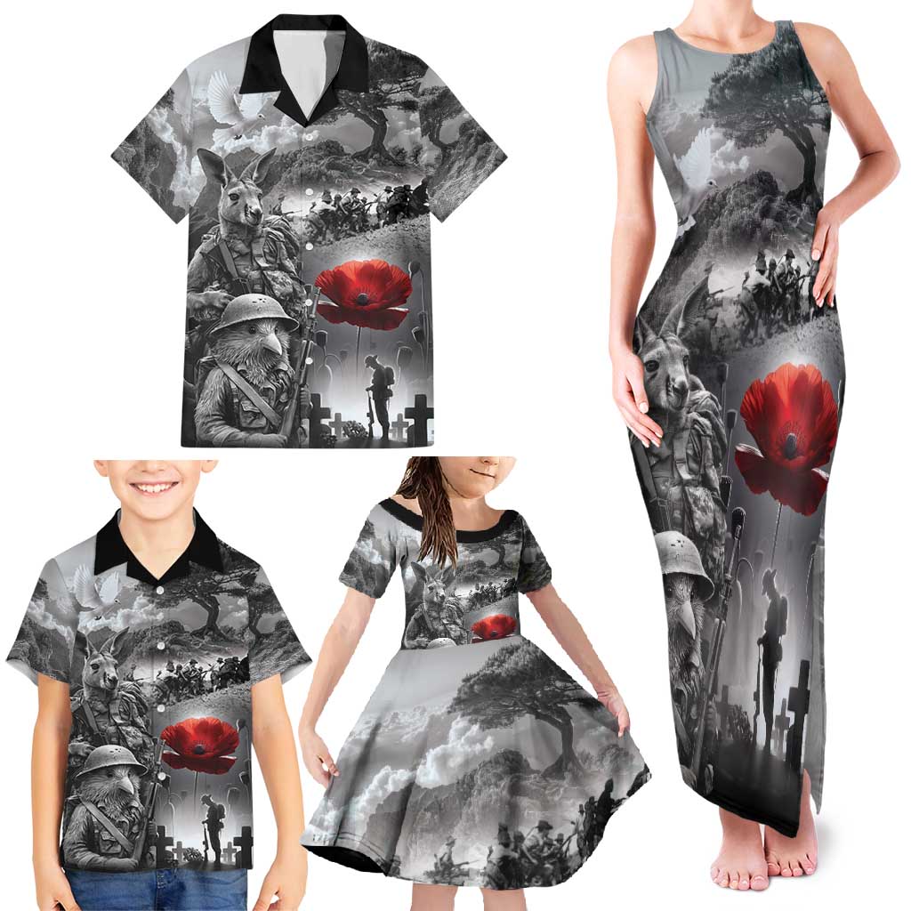 Black ANZAC Day The Battle of Lone Pine Family Matching Tank Maxi Dress and Hawaiian Shirt Kiwi-Kangaroo Soldier Lest We Forget LT9 - Polynesian Pride