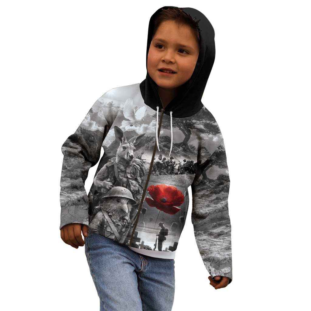 Black ANZAC Day The Battle of Lone Pine Kid Hoodie Kiwi-Kangaroo Soldier Lest We Forget