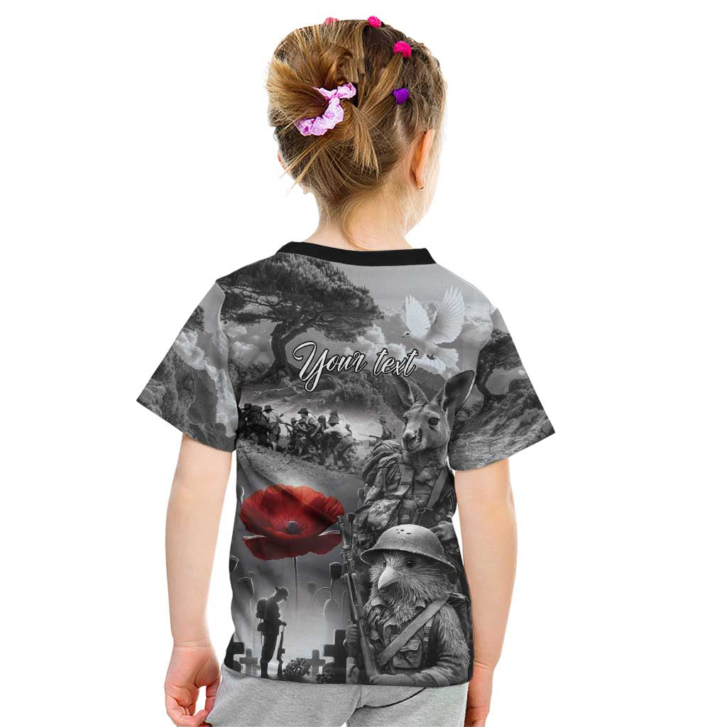 Black ANZAC Day The Battle of Lone Pine Kid T Shirt Kiwi-Kangaroo Soldier Lest We Forget