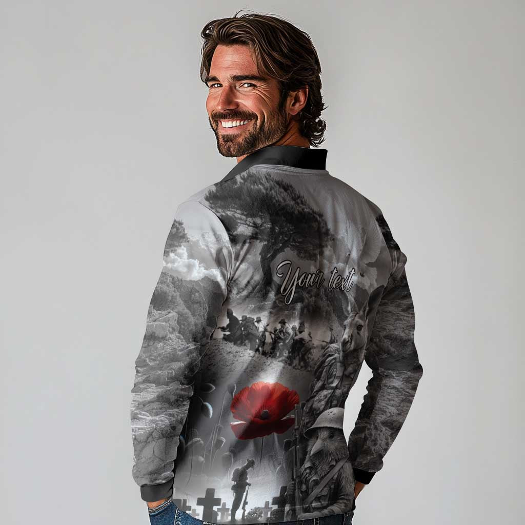 Black ANZAC Day The Battle of Lone Pine Long Sleeve Polo Shirt Kiwi-Kangaroo Soldier Lest We Forget
