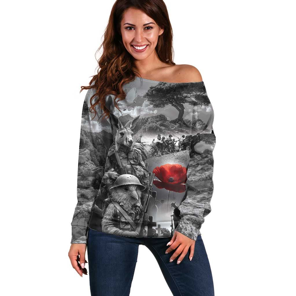 Black ANZAC Day The Battle of Lone Pine Off Shoulder Sweater Kiwi-Kangaroo Soldier Lest We Forget