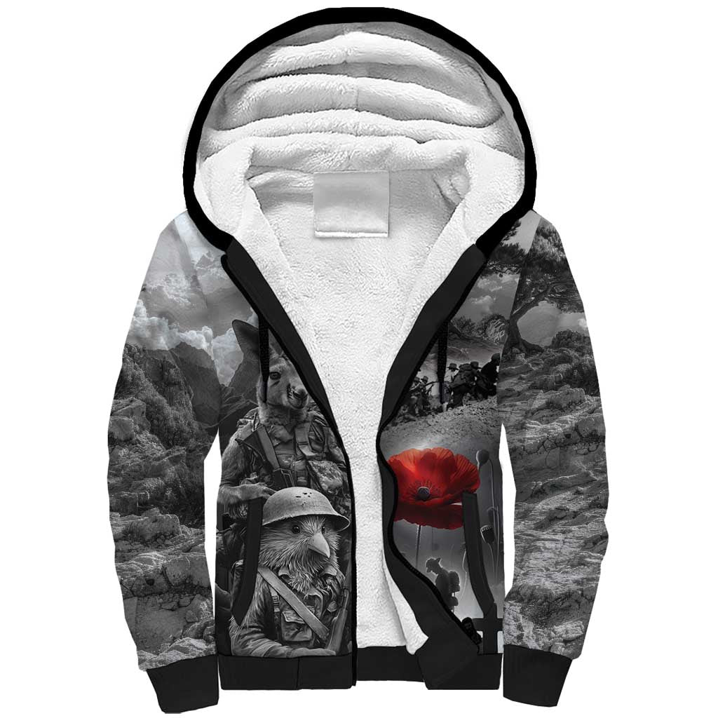 Black ANZAC Day The Battle of Lone Pine Sherpa Hoodie Kiwi-Kangaroo Soldier Lest We Forget