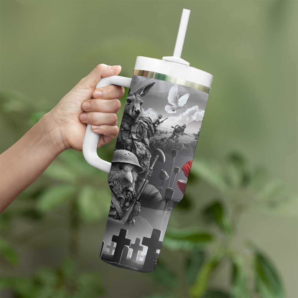 Black ANZAC Day The Battle of Lone Pine Tumbler With Handle Kiwi-Kangaroo Soldier Lest We Forget
