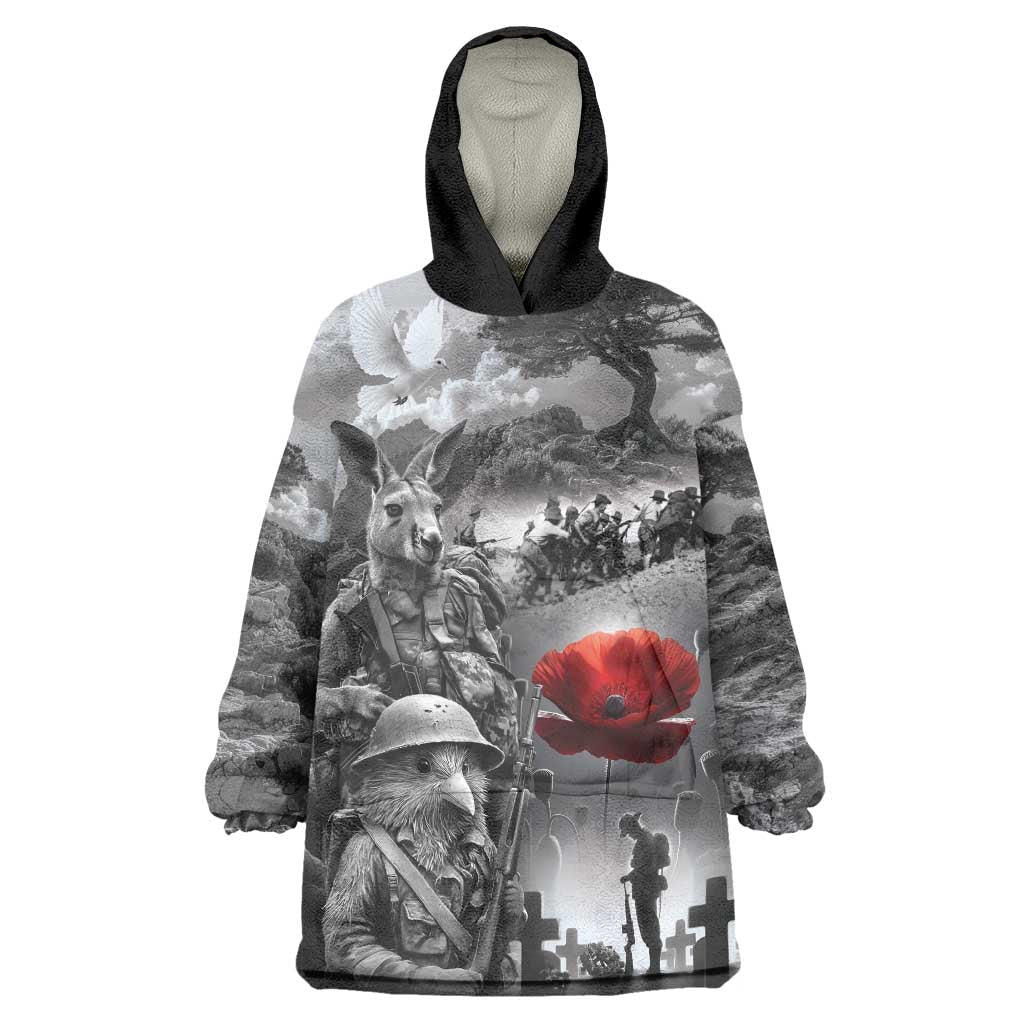 Black ANZAC Day The Battle of Lone Pine Wearable Blanket Hoodie Kiwi-Kangaroo Soldier Lest We Forget