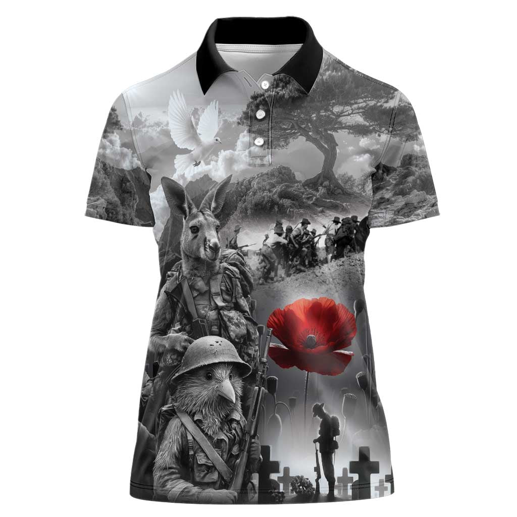 Black ANZAC Day The Battle of Lone Pine Women Polo Shirt Kiwi-Kangaroo Soldier Lest We Forget LT9 Female Black - Polynesian Pride