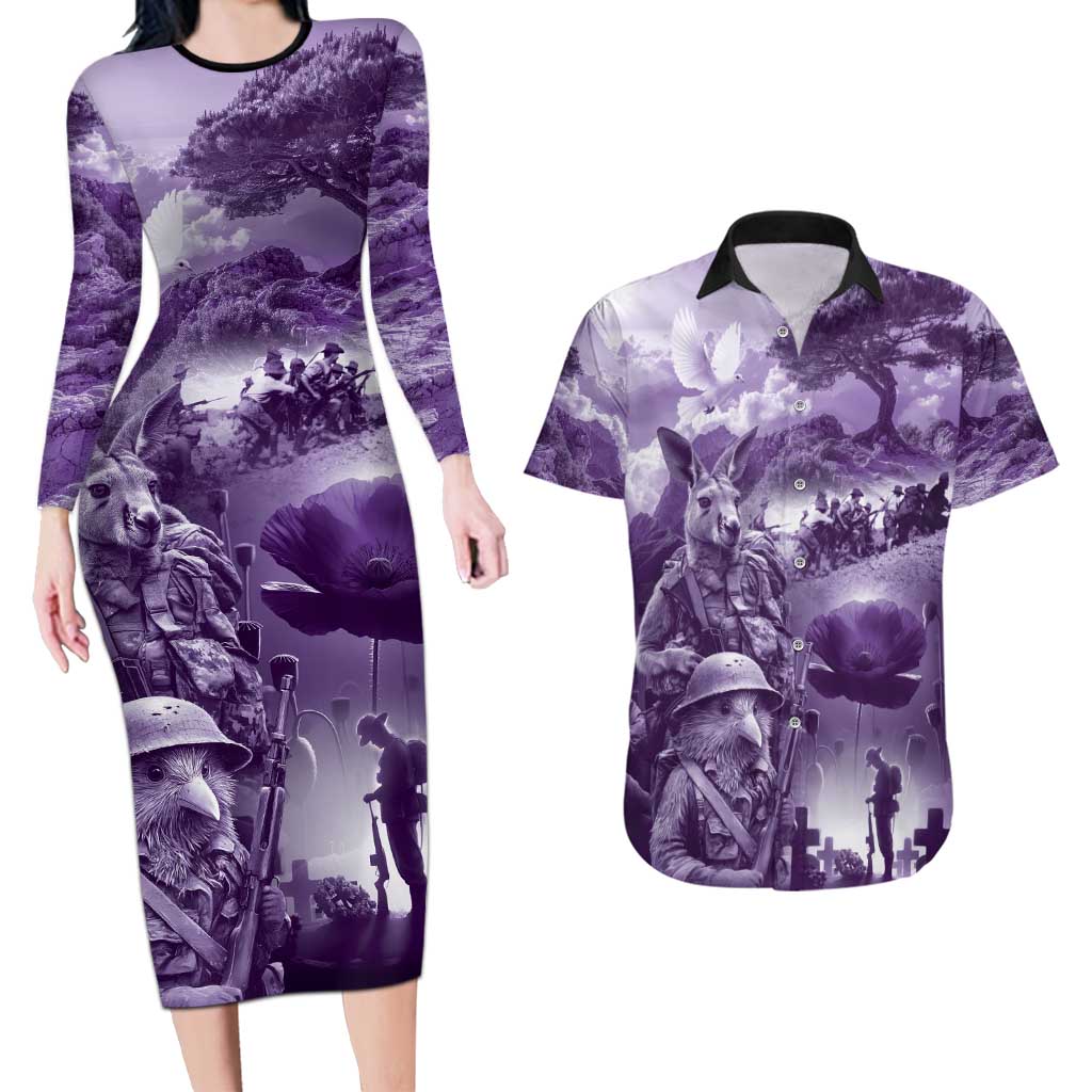 Purple ANZAC Day The Battle of Lone Pine Couples Matching Long Sleeve Bodycon Dress and Hawaiian Shirt Kiwi-Kangaroo Soldier Lest We Forget LT9 Purple - Polynesian Pride