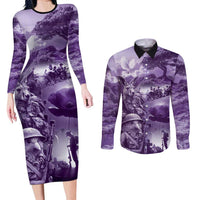 Purple ANZAC Day The Battle of Lone Pine Couples Matching Long Sleeve Bodycon Dress and Long Sleeve Button Shirt Kiwi-Kangaroo Soldier Lest We Forget LT9 Purple - Polynesian Pride