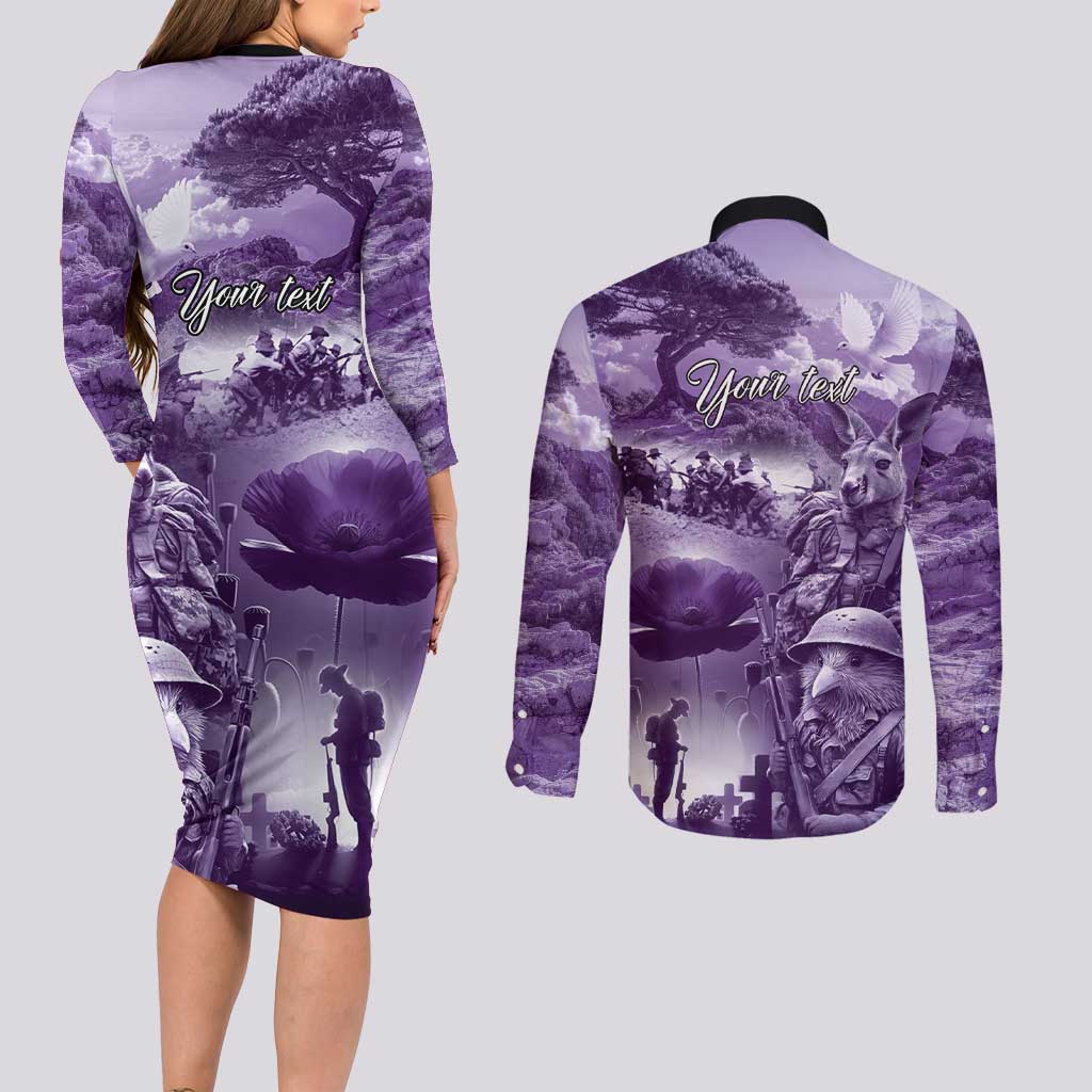 Purple ANZAC Day The Battle of Lone Pine Couples Matching Long Sleeve Bodycon Dress and Long Sleeve Button Shirt Kiwi-Kangaroo Soldier Lest We Forget LT9 - Polynesian Pride